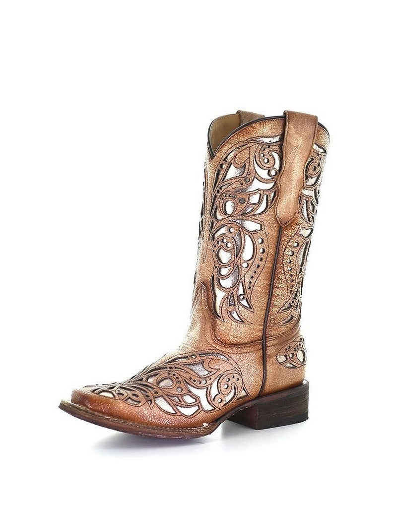 Corral Western Boots Girls 11" Leather Shiny Inlay Beige T0104 Image 1