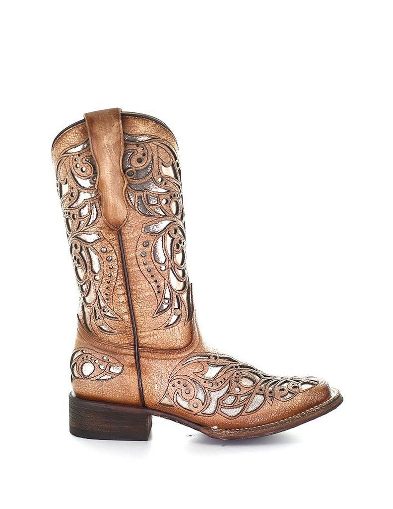 Corral Western Boots Girls 11" Leather Shiny Inlay Beige T0104 Image 2