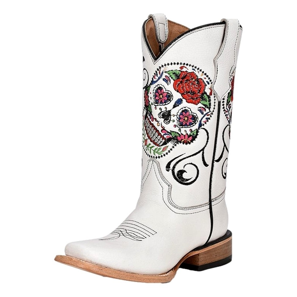 Circle G Western Boots Girls Flowered Embroidery Leather White J7123 Image 1