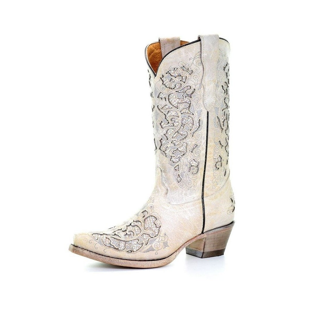 Corral Western Boots Girls 11" Pull On Glitter Inlay White T0021 Image 1