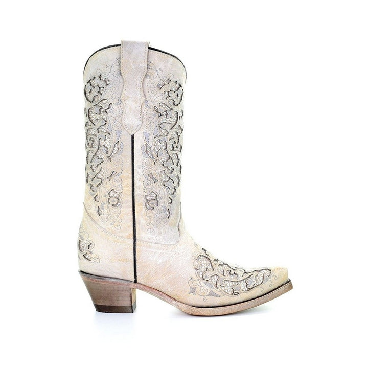 Corral Western Boots Girls 11" Pull On Glitter Inlay White T0021 Image 2