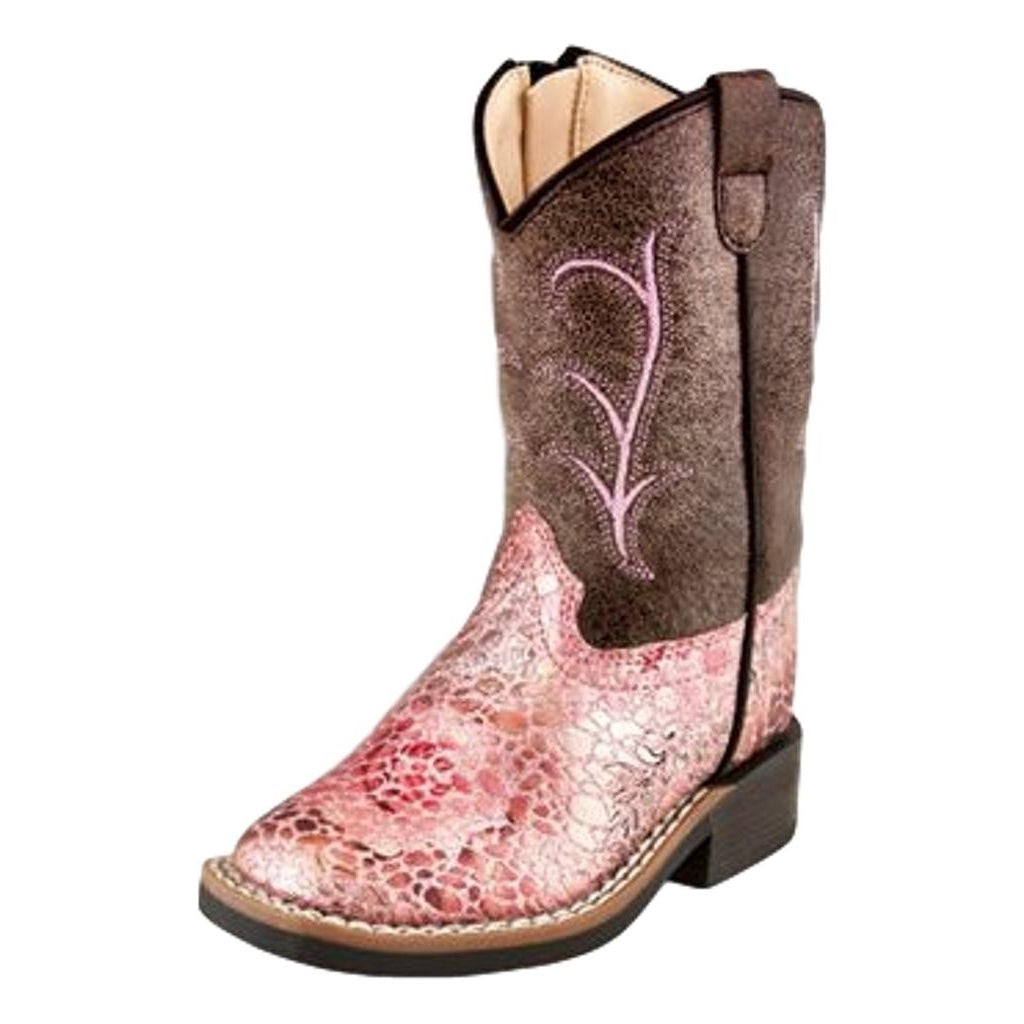 Old West Western Boots Girls Side Zip Fancy Stitch Brown Pink VB1054 Image 1