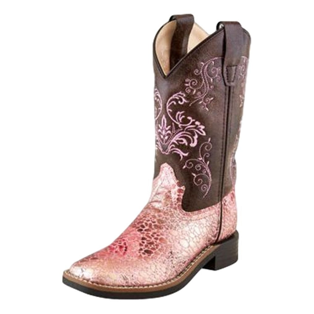 Old West Cowboy Boots Girls TPR Sole Flexible Welt Brown Pink VB9154 Image 1