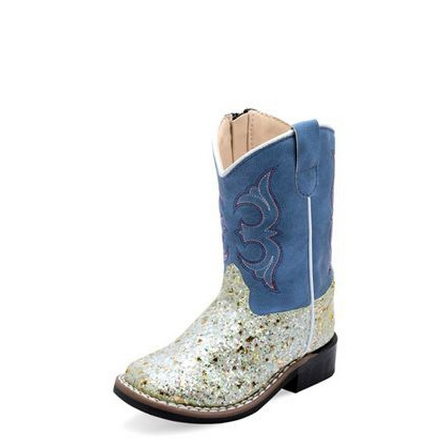 Old West Western Boots Girls Glitter Zip Square Silver VB1082 Image 1