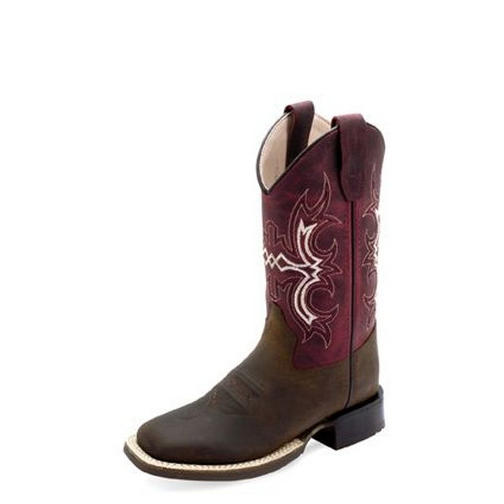 Old West Western Boot Boys Stitch Rubber Square Brown Burgundy BSY1973 Image 1