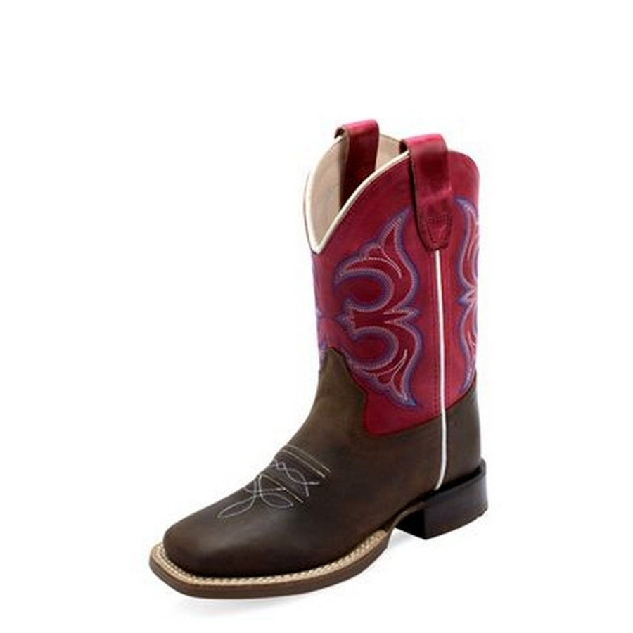 Old West Western Boots Girls Pull On Leather Brown Fuchsia BSC1982 Image 1