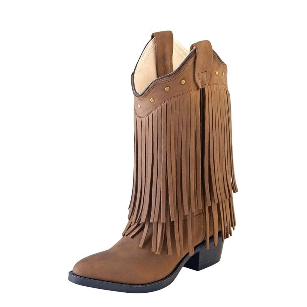 Old West Cowboy Boots Girls Leather Fringe Narrow Toe Chocolate 8125 Image 1