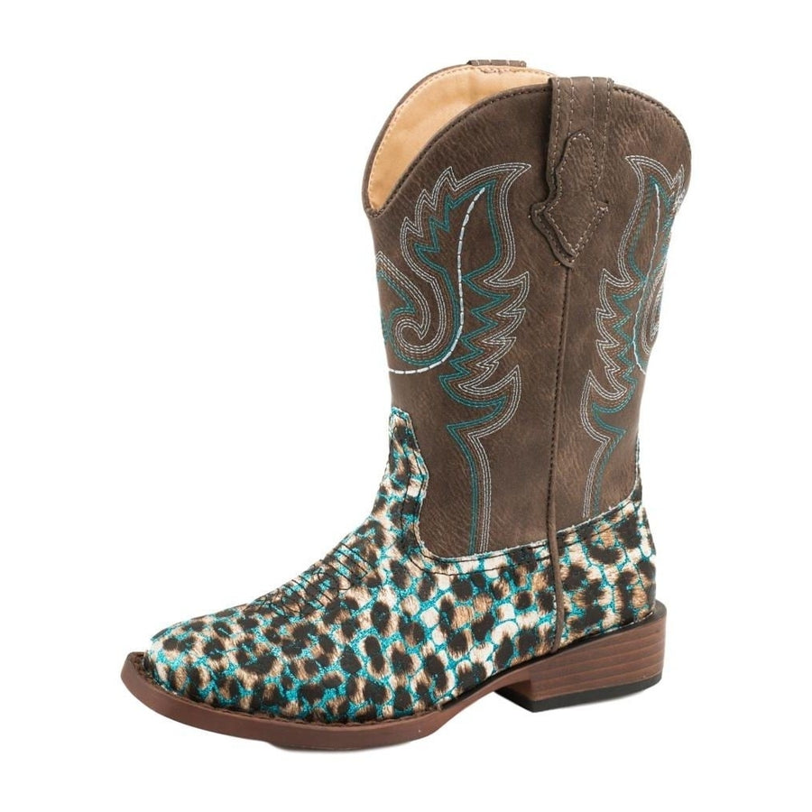 Roper Western Boots Girls Glitter Leopard Turq 09-018-1901-2562 BU Image 1