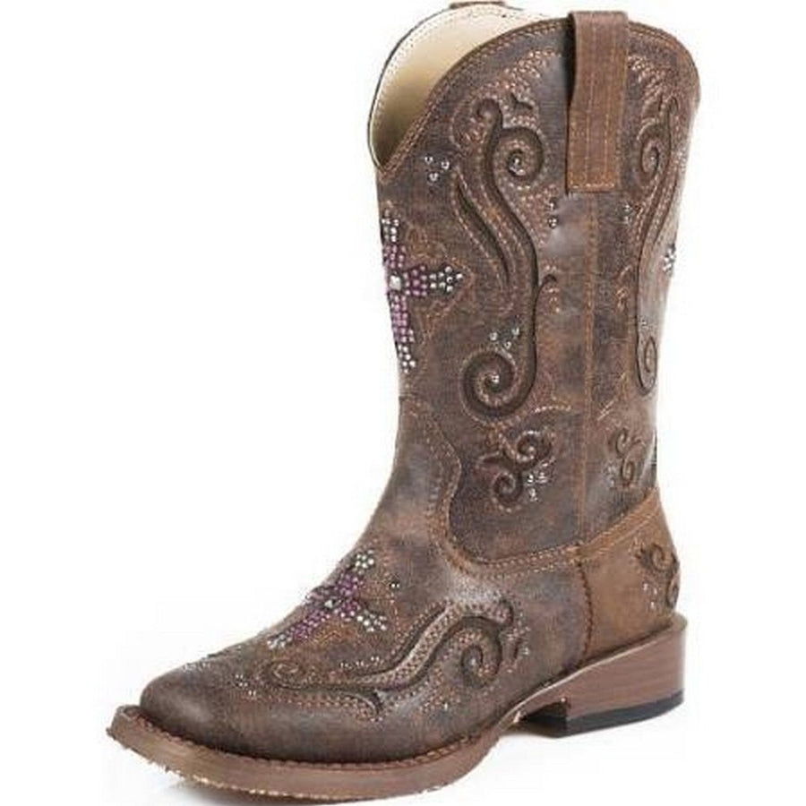 Roper Western Boots Girl Cross Crystal Inlay Brown 09-018-1901-0098 BR Image 1