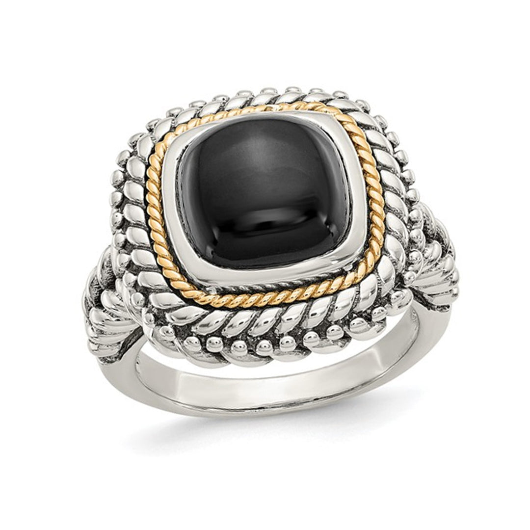 Cabochon Black Onyx Ring in Antiqued Sterling Silver with 14K Gold Accent Image 1