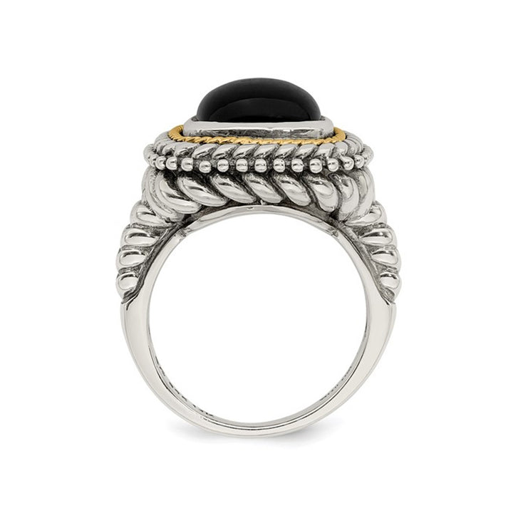 Cabochon Black Onyx Ring in Antiqued Sterling Silver with 14K Gold Accent Image 4