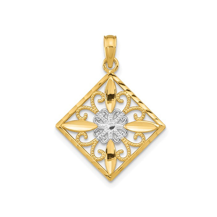 14K Yellow Gold Flower and Cross Square Charm Pendant (NO CHAIN) Image 1