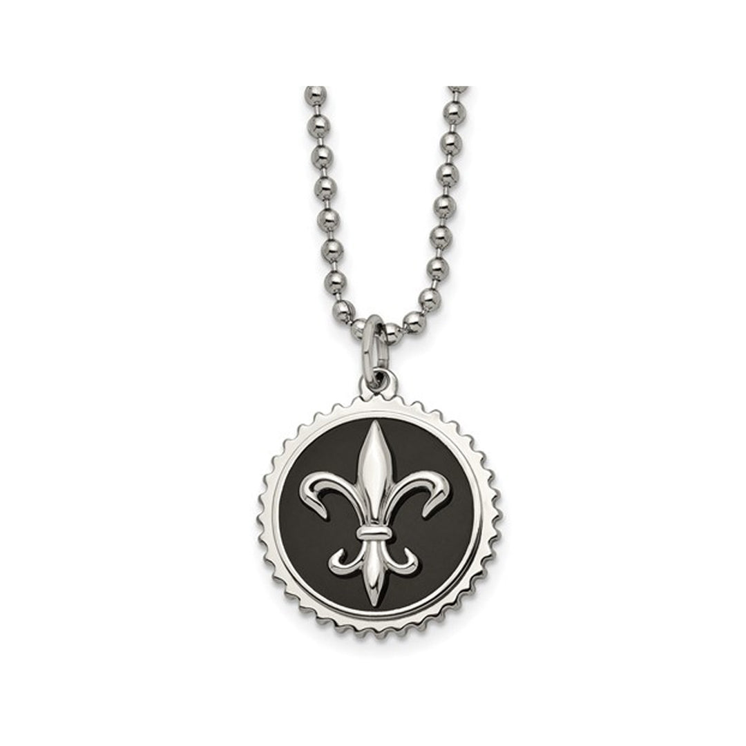 Mens Titanium Black Fleur de Lis Disc Pendant Necklace with Chain Image 1