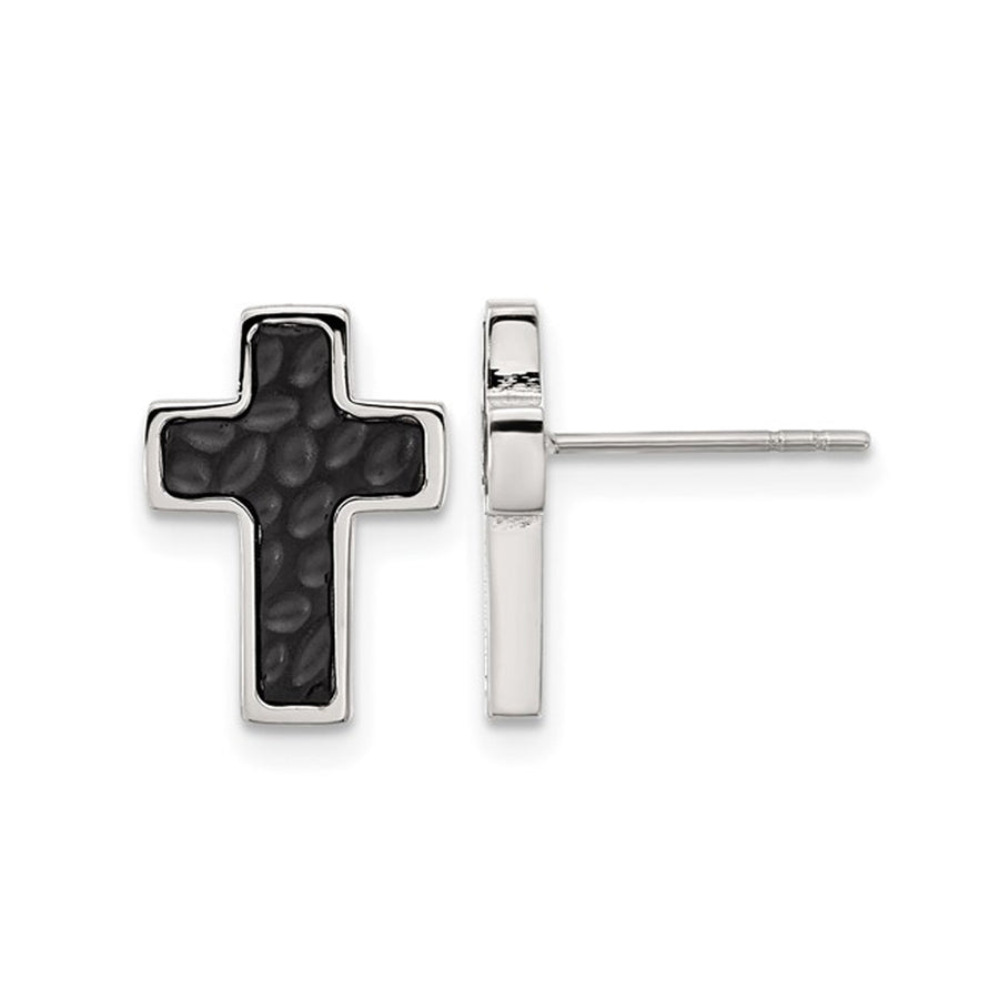 Stainless Steel Polished and Black Plated Cross Earrings Image 1