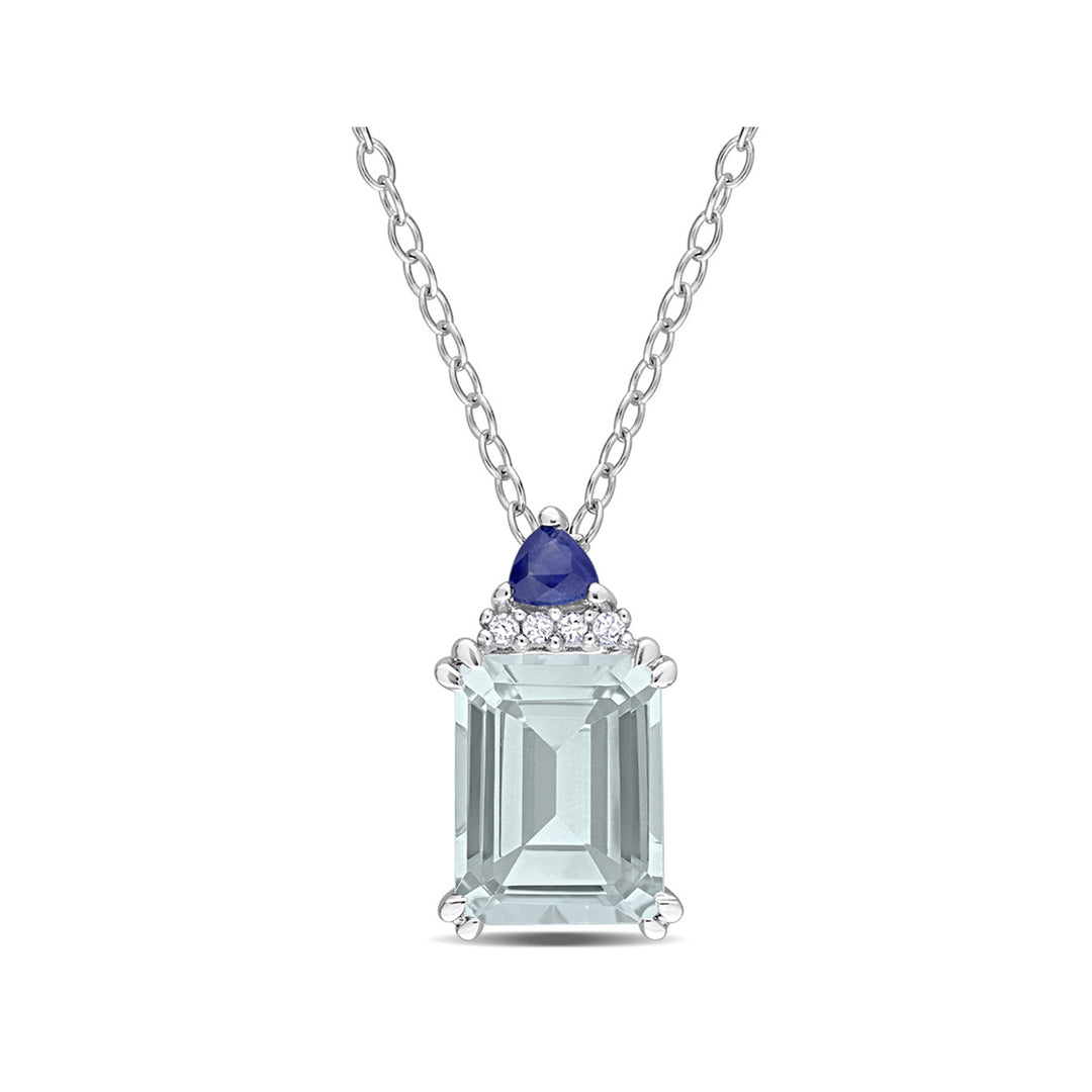 2.00 Carat (ctw) Aquamarine and Blue Sapphire Pendant Necklace in Sterling Silver with Chain Image 1