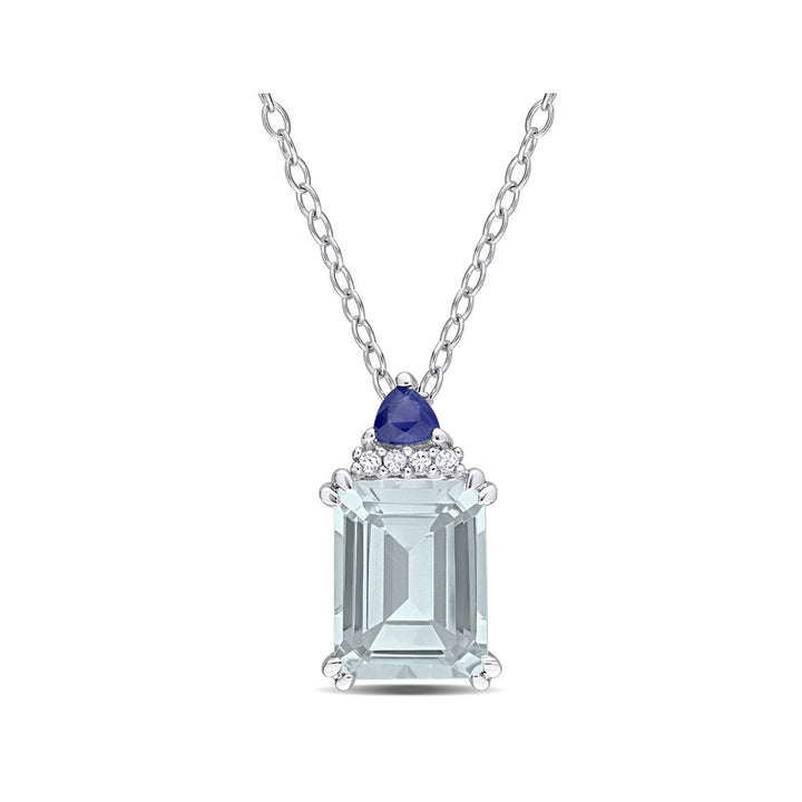 2.00 Carat (ctw) Aquamarine and Blue Sapphire Pendant Necklace in Sterling Silver with Chain Image 1