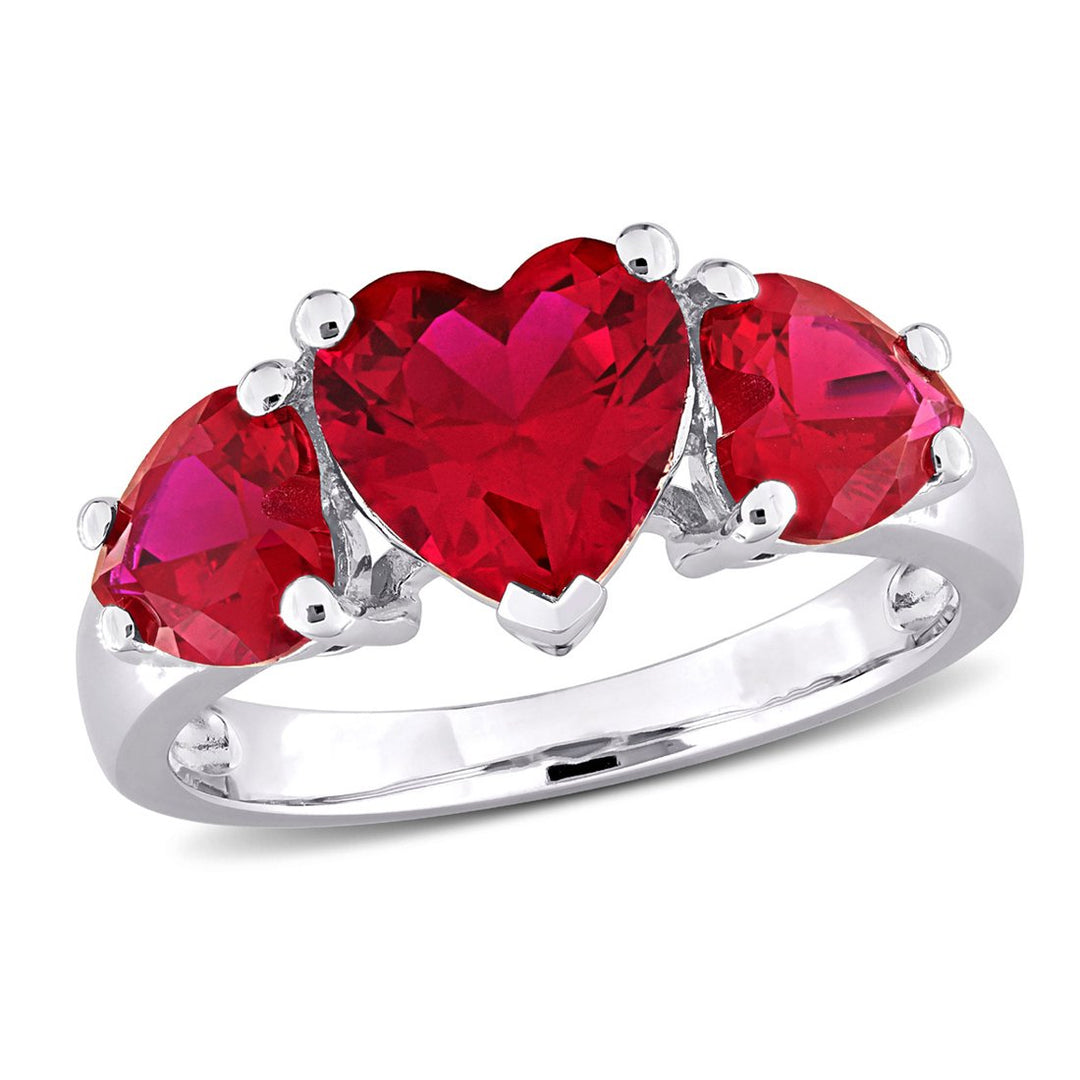 4.86 Carat (ctw) Lab-Created Three Stone Ruby Heart Ring in Sterling Silver Image 1