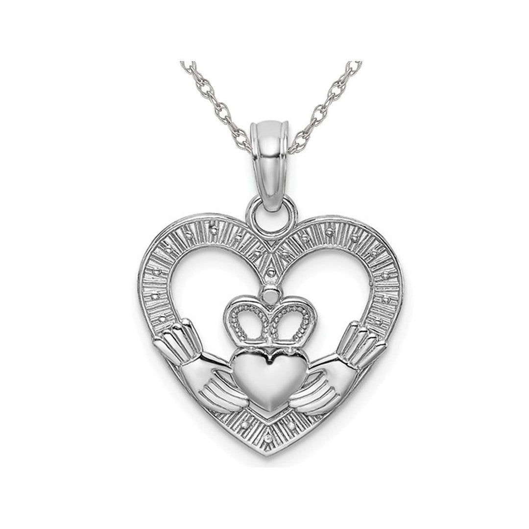 14K White Gold Heart Claddagh Pendant Necklace with Chain Image 1