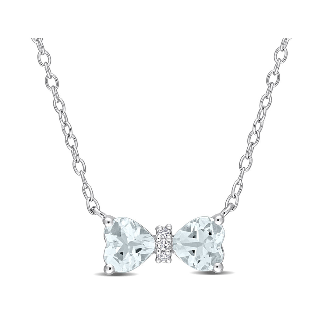7/10 Carat (ctw) Aquamarine Heart Bow Pendant Necklace in Sterling Silver with Chain Image 1