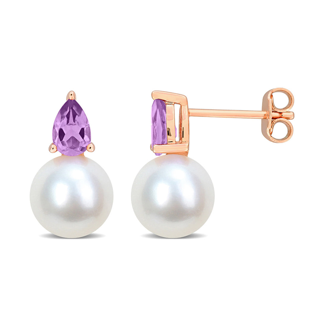 8.5-9mm Cultured Freshwater Pearl Earrings with Amethyst Sterling Silver Image 1