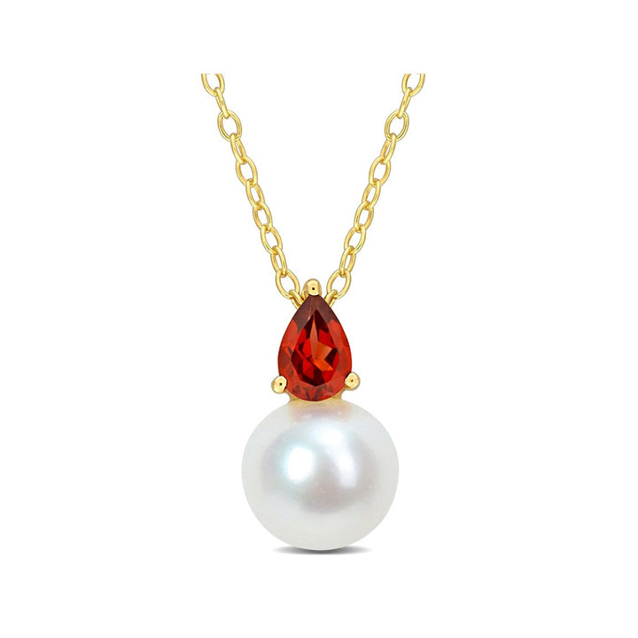 8.5-9mm Freshwater Cultured Drop Pearl Pendant Necklace with Garnet Yellow Sterling Silver with Chain Image 1