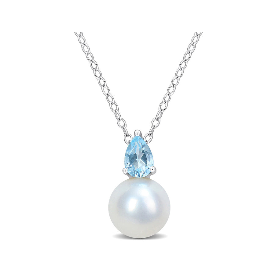 8.5-9mm Freshwater Cultured Drop Pearl Pendant Necklace with Blue Topaz Sterling Silver with Chain Image 1