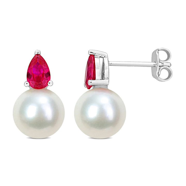 8.5-9mm Cultured Freshwater Pearl Earrings with Lab-Created Rubies Sterling Silver Image 1