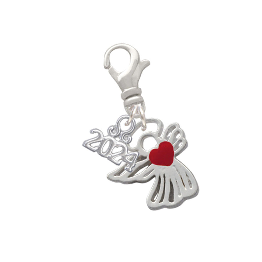 Delight Jewelry Silvertone Lined Angel with Red Heart Clip on Charm with Year 2024 Image 1