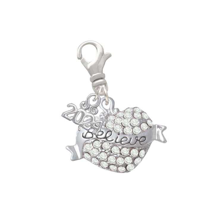 Delight Jewelry Silvertone Believe Banner on Crystal Heart Clip on Charm with Year 2024 Image 4