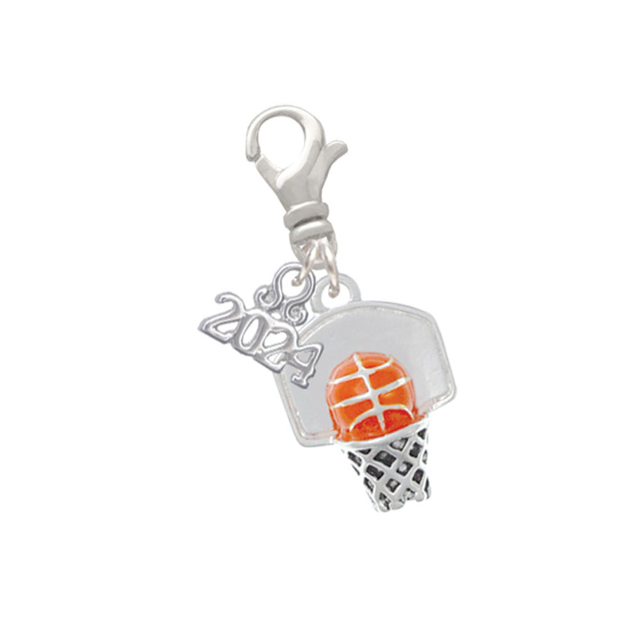 Delight Jewelry Silvertone 3-D Enamel Basketball in Hoop Clip on Charm with Year 2024 Image 1