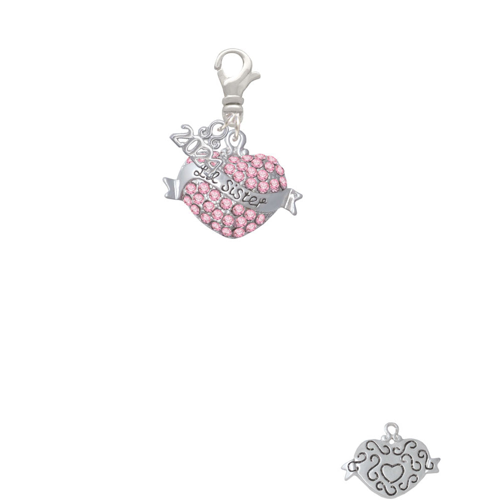 Delight Jewelry Silvertone Lil Sister Banner on Crystal Heart Clip on Charm with Year 2024 Image 2