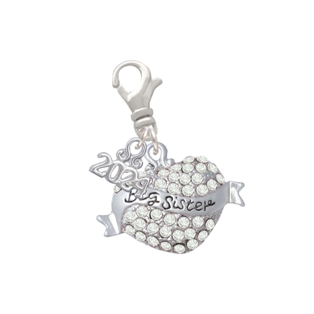 Delight Jewelry Silvertone Big Sister Banner on Crystal Heart Clip on Charm with Year 2024 Image 1