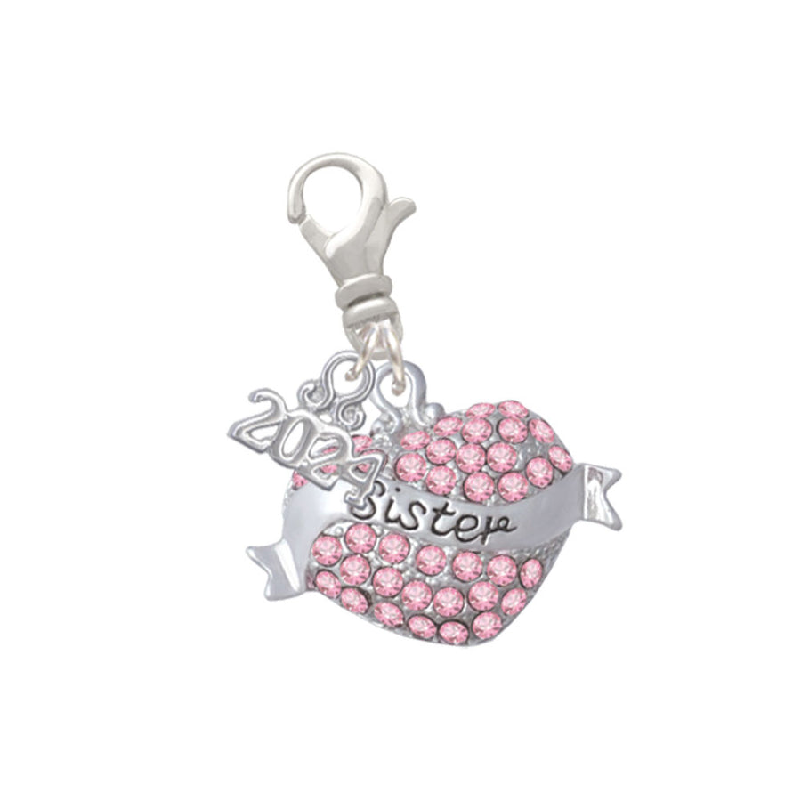 Delight Jewelry Silvertone Sister Banner on Crystal Heart Clip on Charm with Year 2024 Image 1