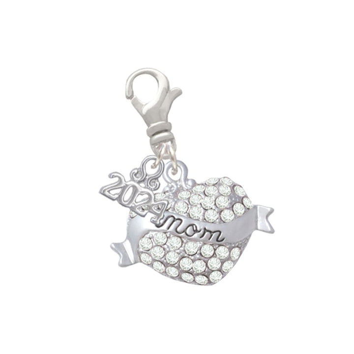 Delight Jewelry Silvertone Mom Banner on Crystal Heart Clip on Charm with Year 2024 Image 1