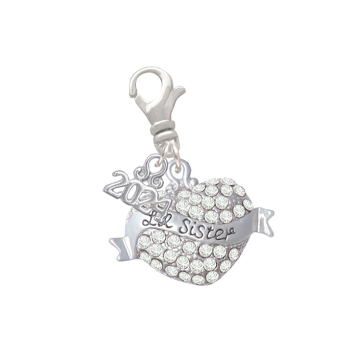 Delight Jewelry Silvertone Lil Sister Banner on Crystal Heart Clip on Charm with Year 2024 Image 4