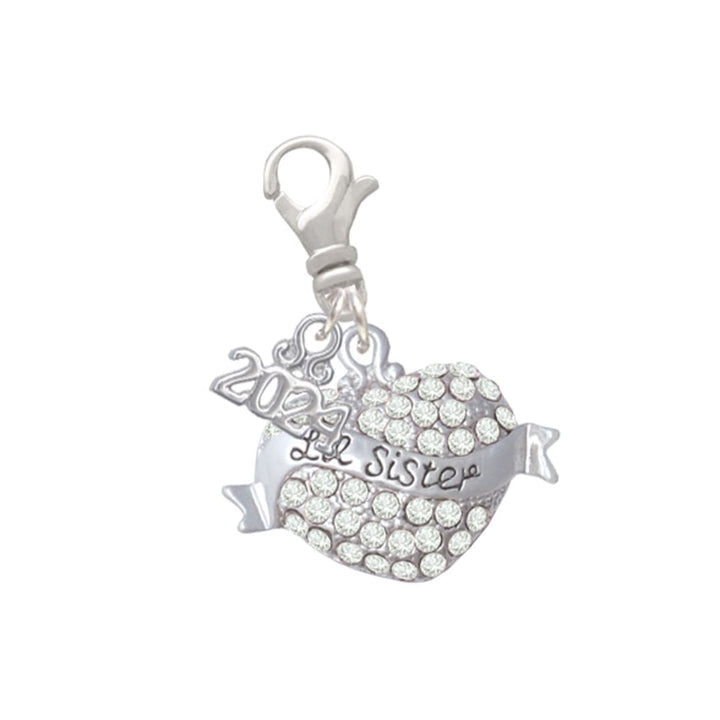 Delight Jewelry Silvertone Lil Sister Banner on Crystal Heart Clip on Charm with Year 2024 Image 1