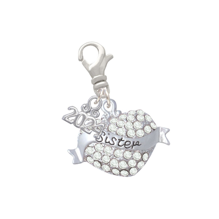 Delight Jewelry Silvertone Sister Banner on Crystal Heart Clip on Charm with Year 2024 Image 1