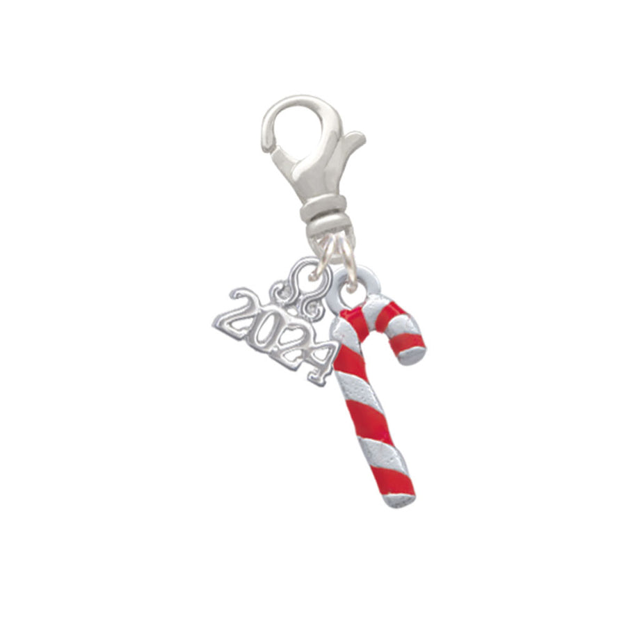 Delight Jewelry Silvertone 3-D Candy Cane Clip on Charm with Year 2024 Image 1