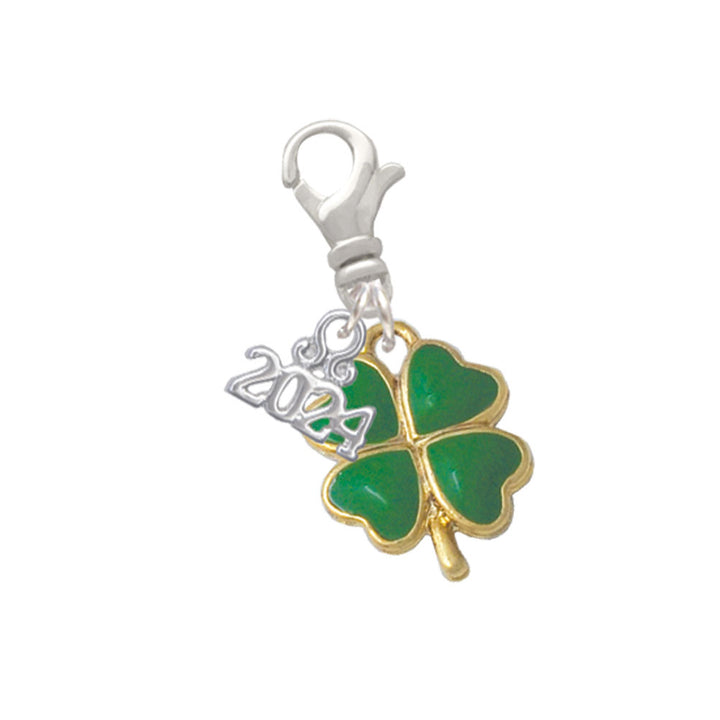 Delight Jewelry Plated Green Lucky Four Leaf Clover Clip on Charm with Year 2024 Image 1