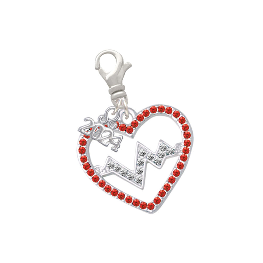 Delight Jewelry Silvertone Large Crystal Heart with Heartbeat Clip on Charm with Year 2024 Image 1