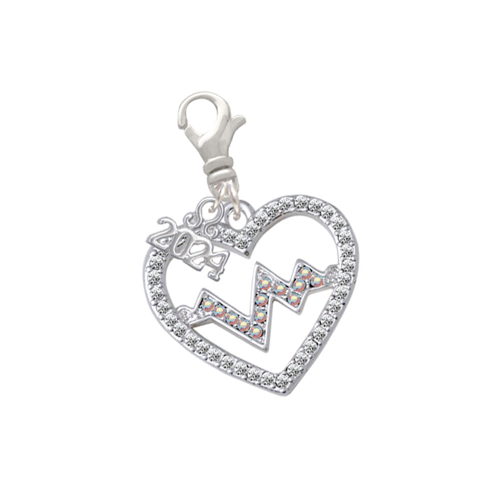 Delight Jewelry Silvertone Large Crystal Heart with Heartbeat Clip on Charm with Year 2024 Image 1