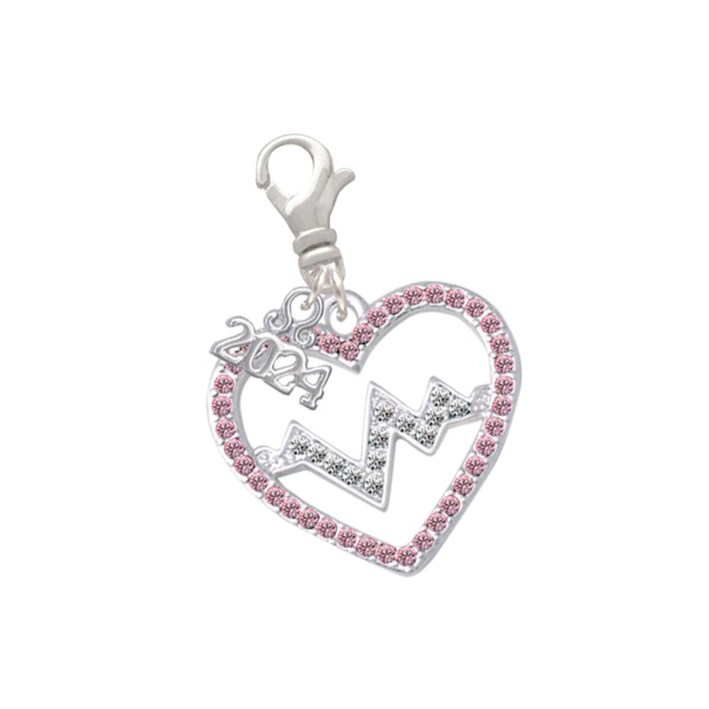 Delight Jewelry Silvertone Large Crystal Heart with Heartbeat Clip on Charm with Year 2024 Image 1