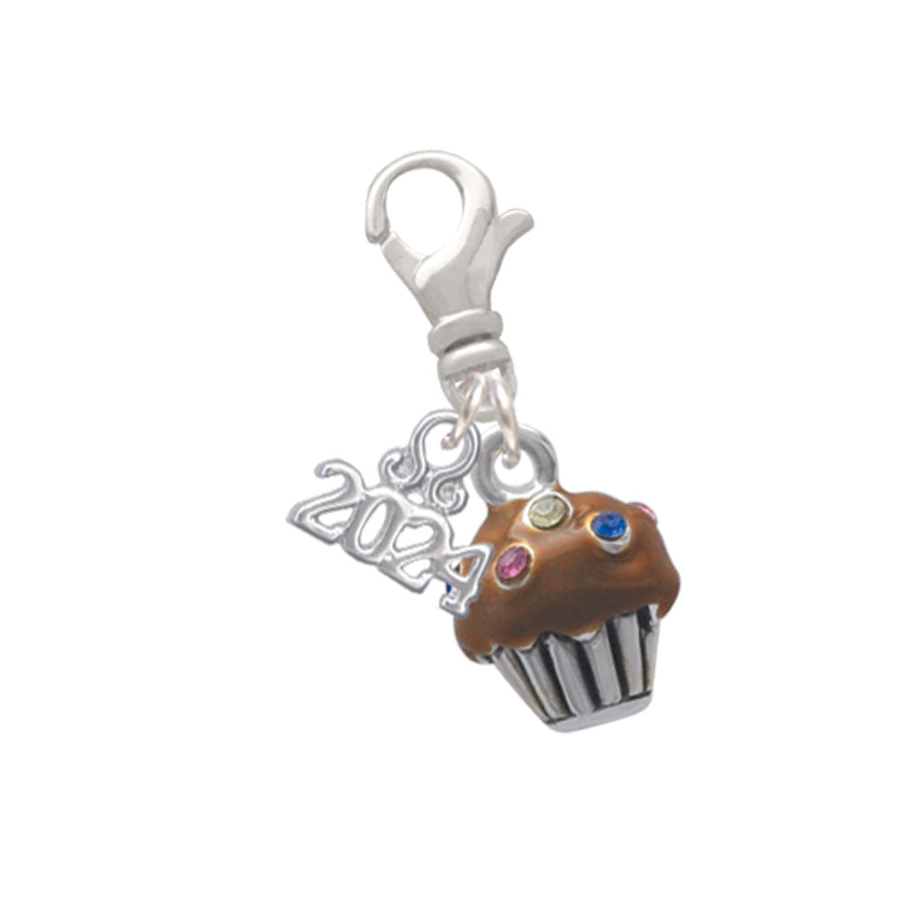 Delight Jewelry Silvertone Small Cupcake with Crystal Sprinkles Clip on Charm with Year 2024 Image 4