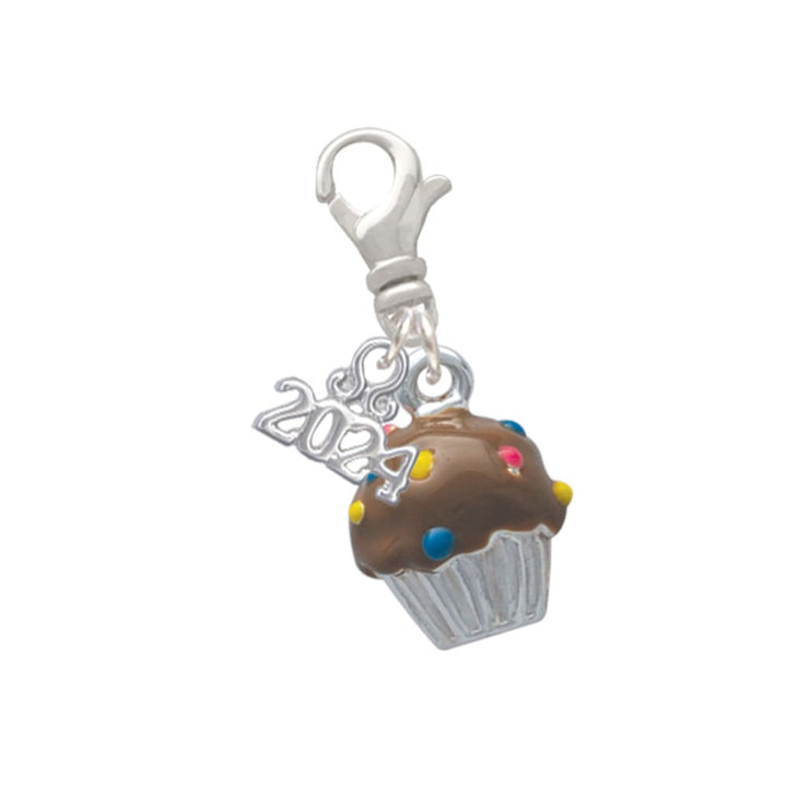 Delight Jewelry Silvertone 3-D Cupcake with Sprinkles Clip on Charm with Year 2024 Image 1