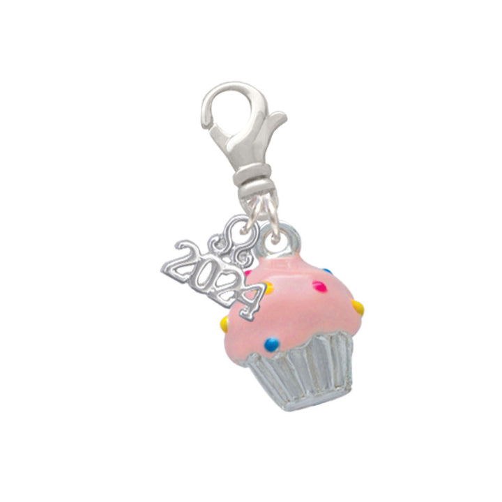 Delight Jewelry Silvertone 3-D Cupcake with Sprinkles Clip on Charm with Year 2024 Image 1