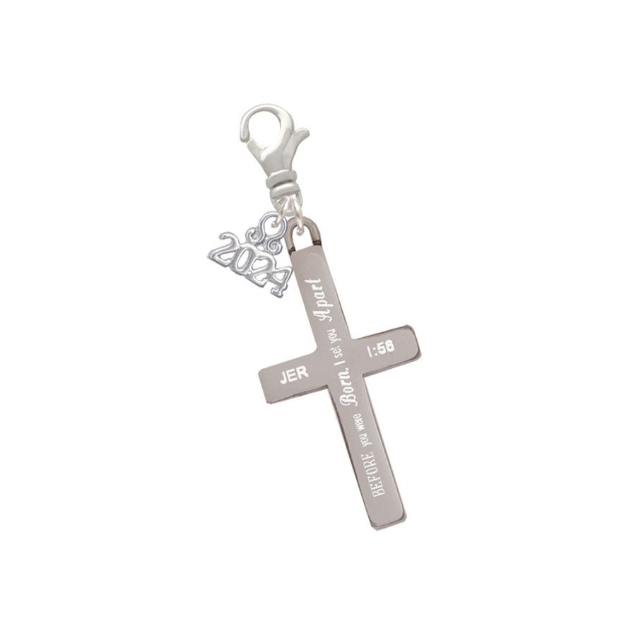 Delight Jewelry Stainless Steel Bible Verse Engraved Cross - Clip on Charm with Year 2024 Image 1