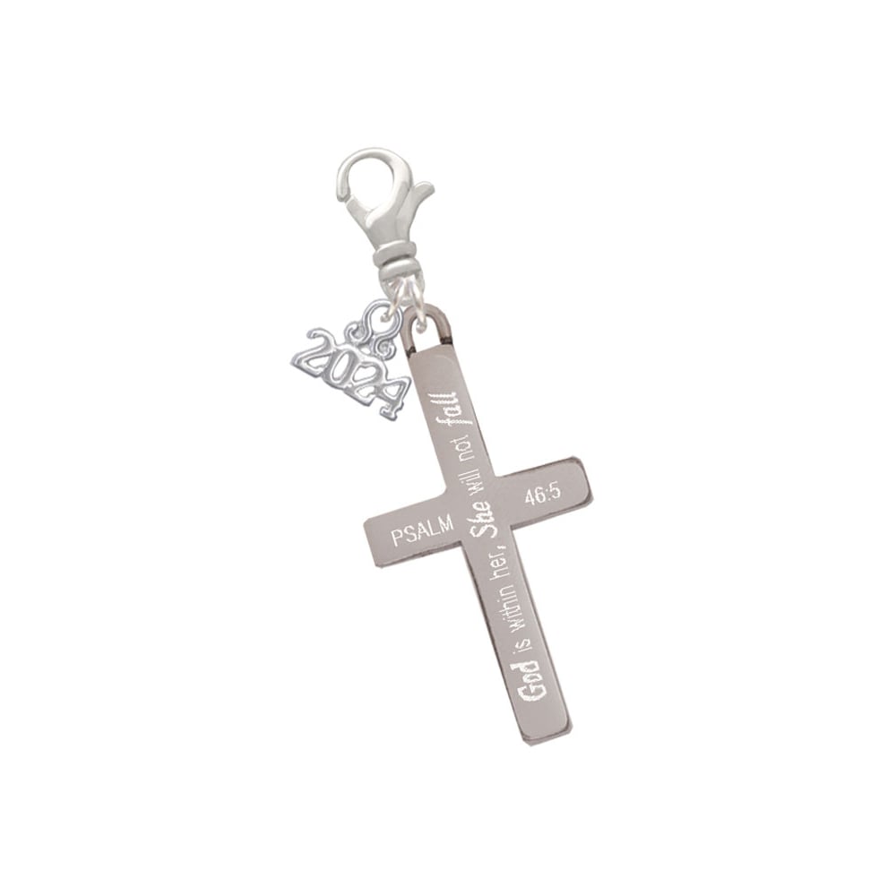 Delight Jewelry Stainless Steel Bible Verse Engraved Cross - Clip on Charm with Year 2024 Image 1