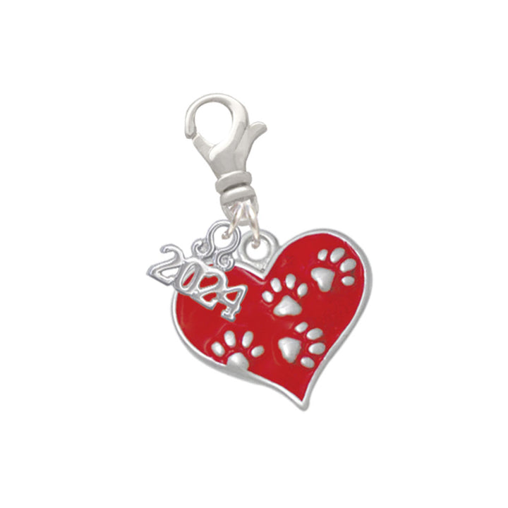 Delight Jewelry Silvertone Enamel Heart with Paw Prints Clip on Charm with Year 2024 Image 1