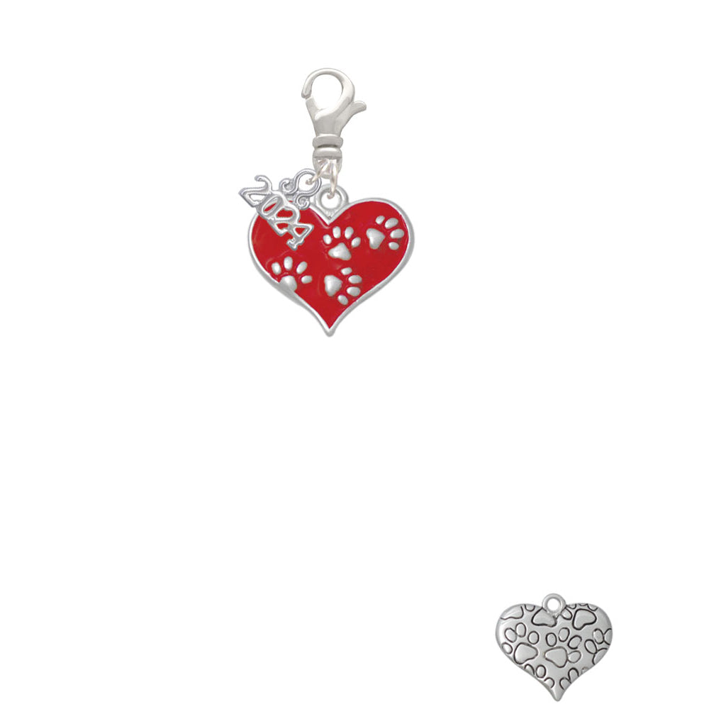 Delight Jewelry Silvertone Enamel Heart with Paw Prints Clip on Charm with Year 2024 Image 2
