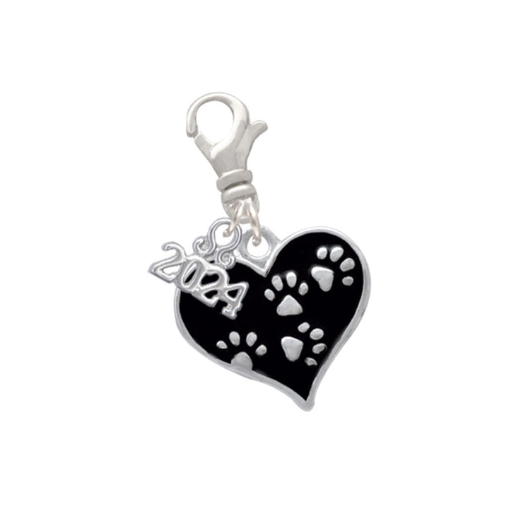 Delight Jewelry Silvertone Enamel Heart with Paw Prints Clip on Charm with Year 2024 Image 1